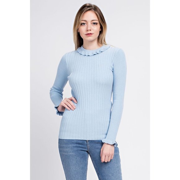 Women's Casual Ruffled Ribbed Turtle Neck Long Sleeve Sweater - Picture 2 of 8